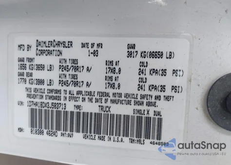 2003 Dodge Ram 1500 Slt/Laramie/St из США, поврежденный, VIN 1D7HA18DX3J583713